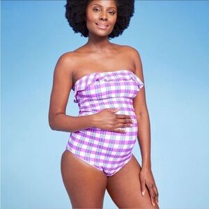Isabel Maternity by Ingrid & Isabel Purple Gingham Ruffle Swimsuit Size Large